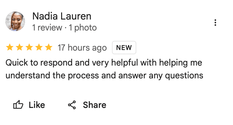 5-star Google review from Nadia Lauren